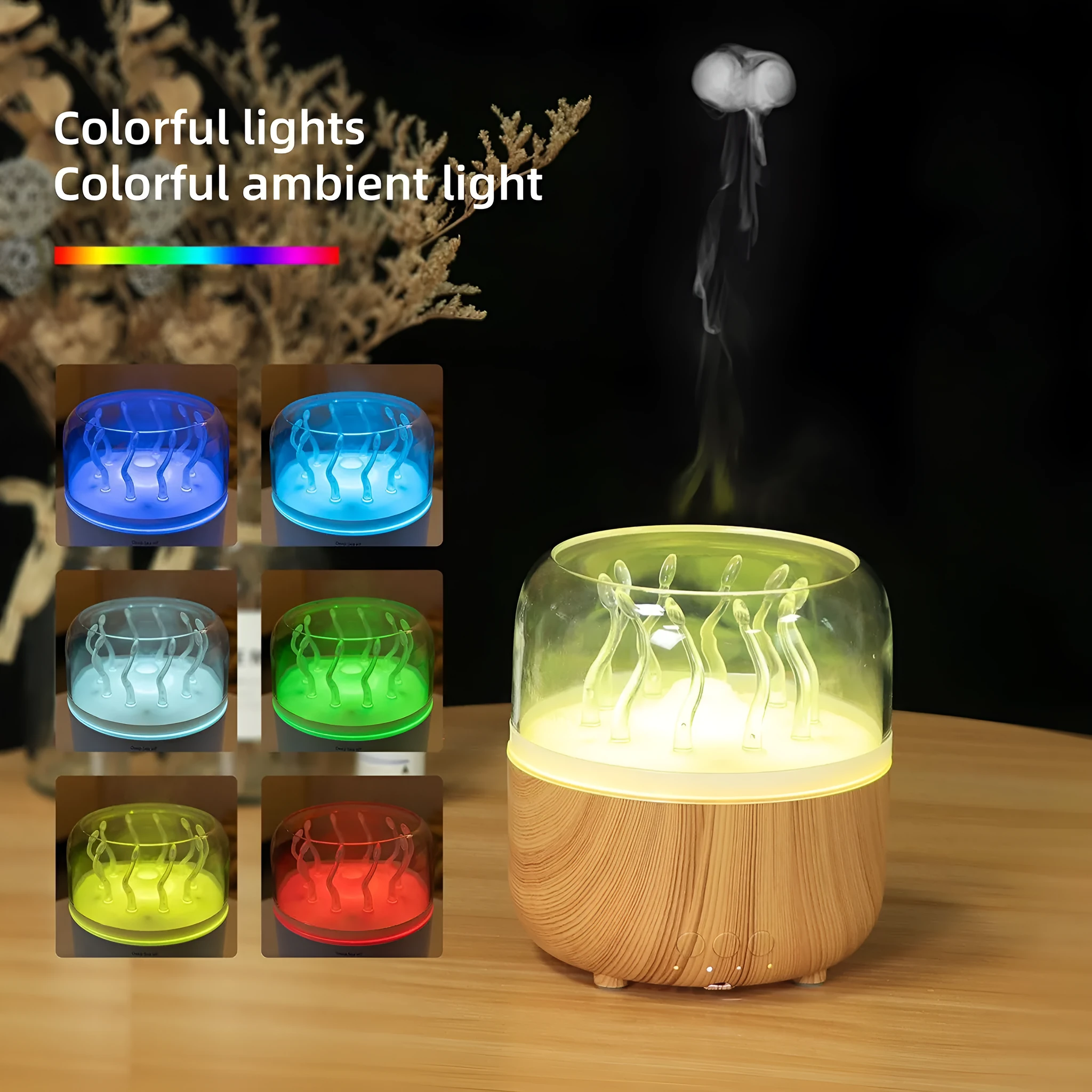 Wood grain rotating jellyfish ambience light humidifier with remote control and ultrasonic mist