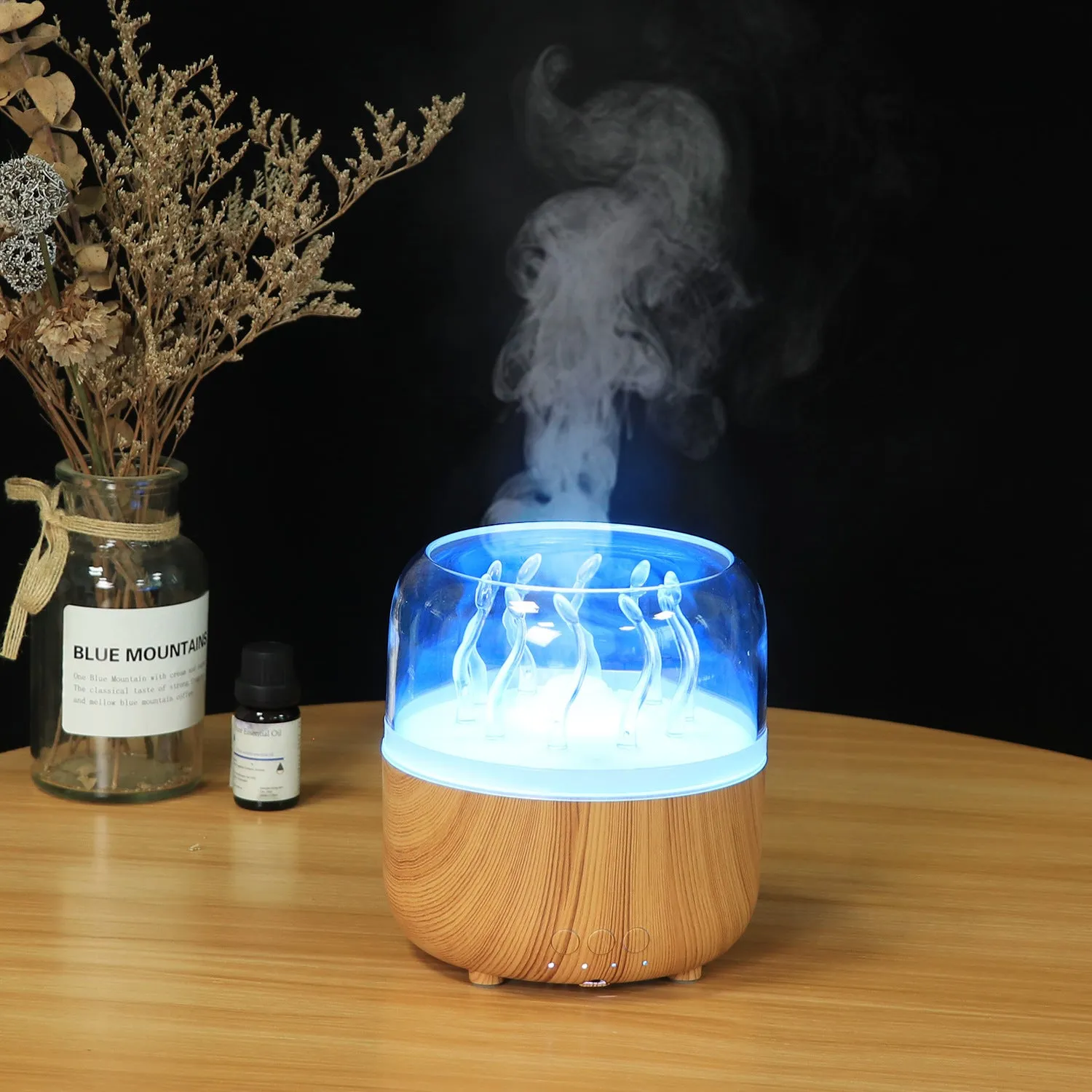 Wood grain rotating jellyfish ambience light humidifier with remote control and ultrasonic mist