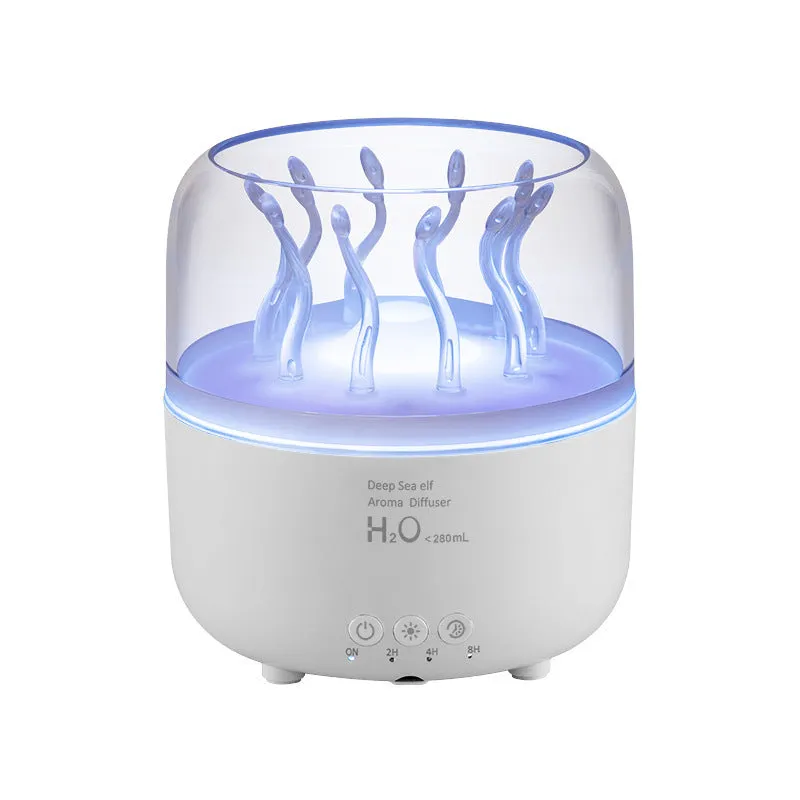 Wood grain rotating jellyfish ambience light humidifier with remote control and ultrasonic mist