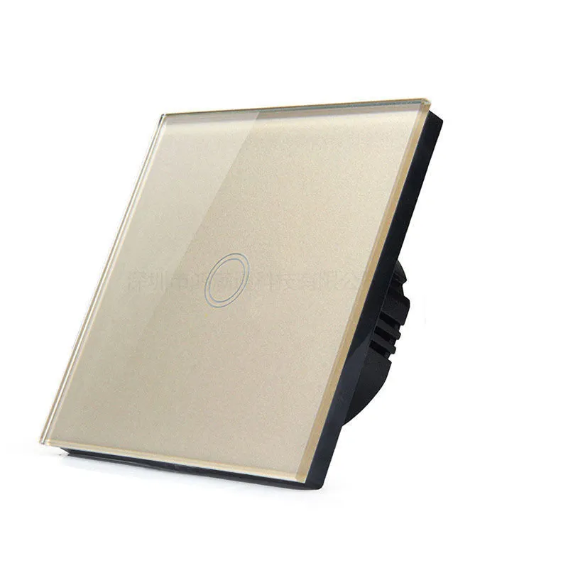 Touch light switch with tempered glass panel in black, gold or white for 220V lighting circuits
