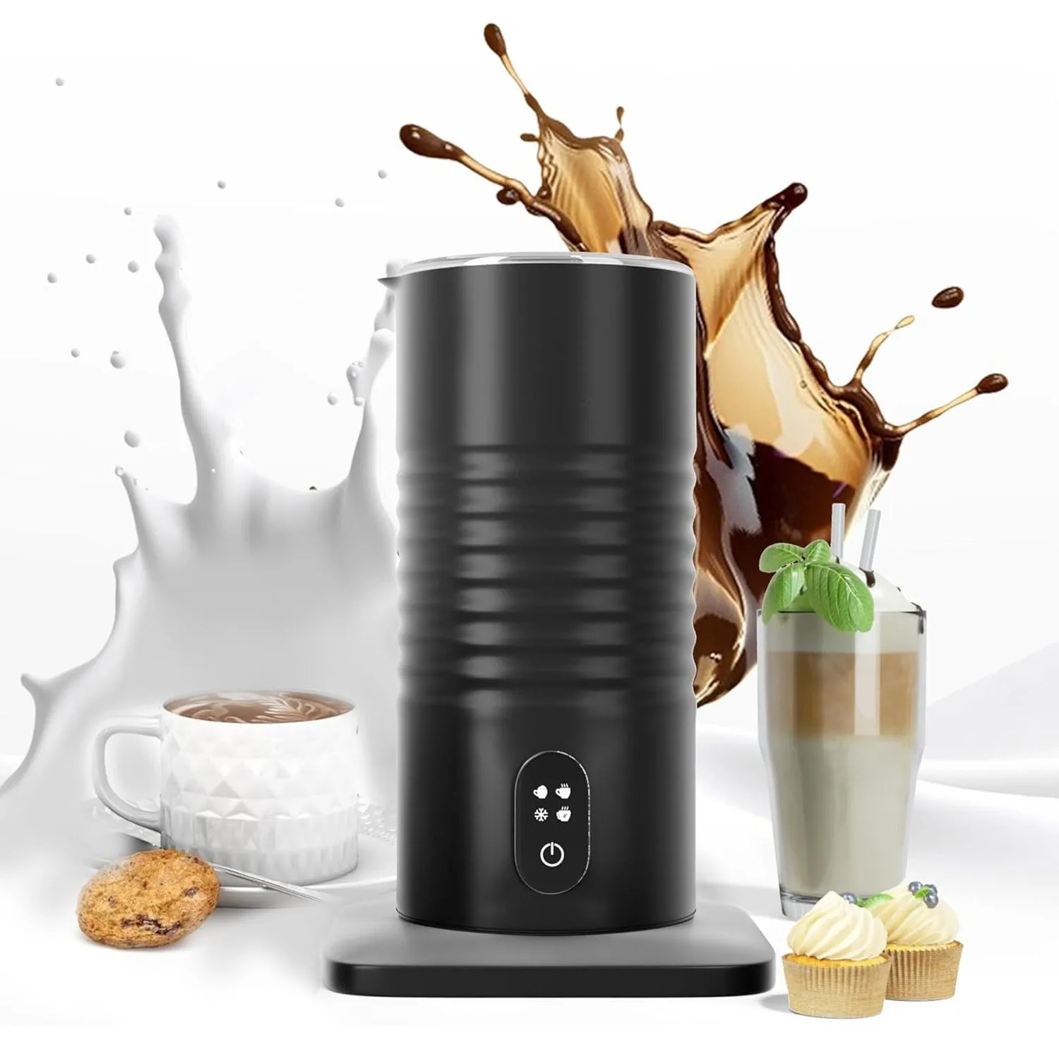 Automatic milk frother with stainless steel tank and hot cold foam modes on countertop