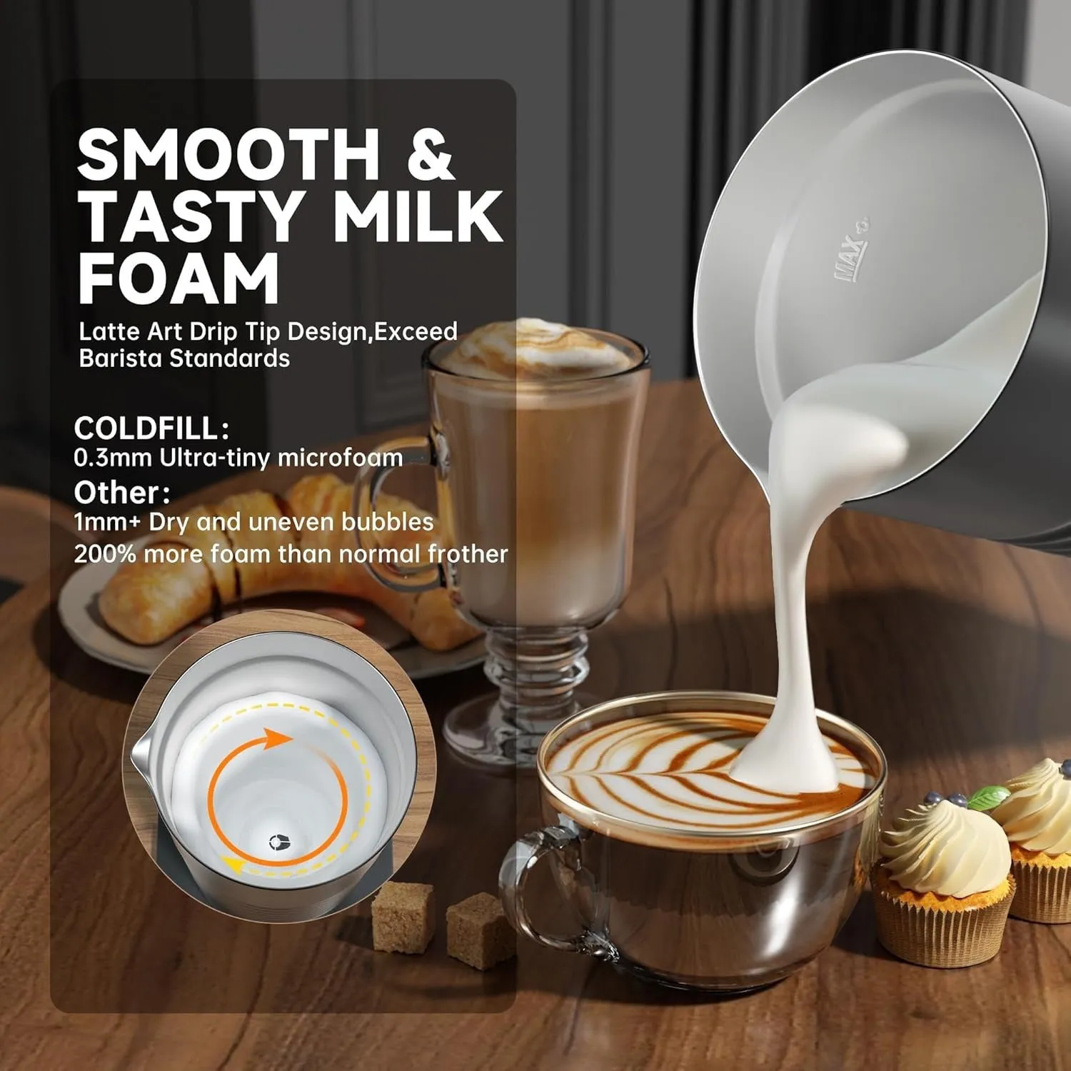 Automatic milk frother with stainless steel tank and hot cold foam modes on countertop