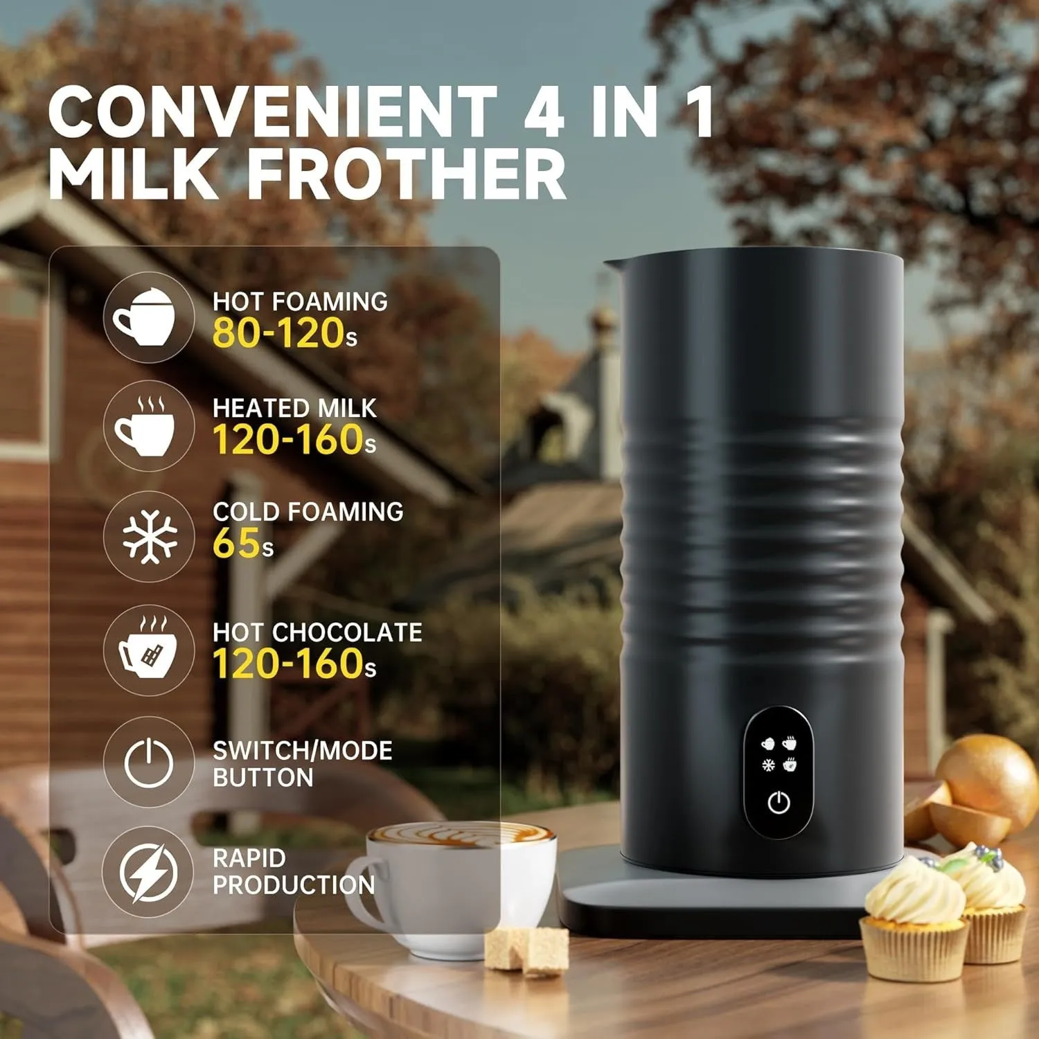 Automatic milk frother with stainless steel tank and hot cold foam modes on countertop