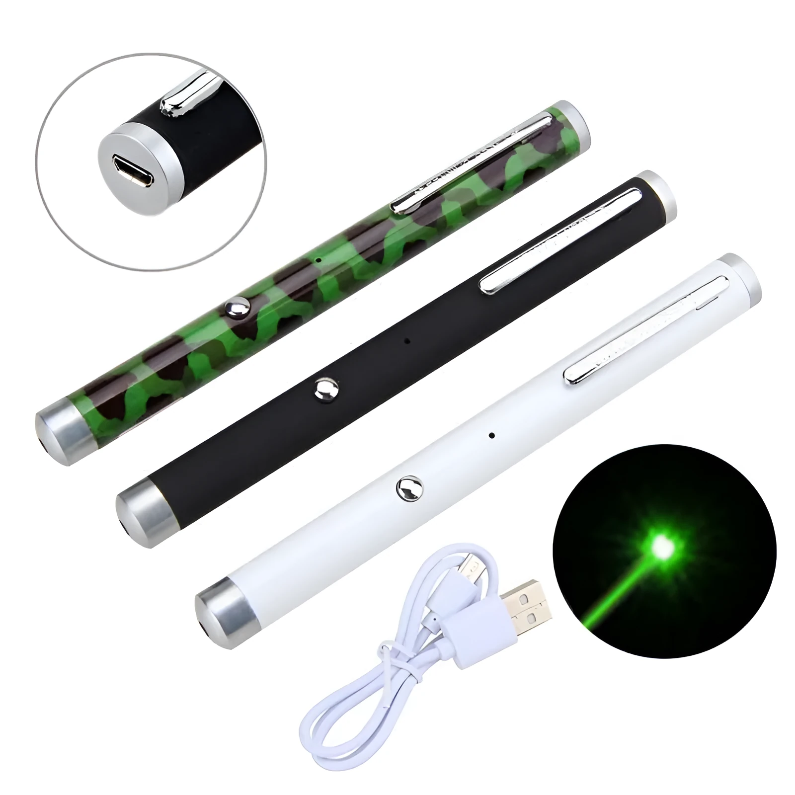 Green laser pointer pen with aluminium alloy body in black, camouflage or white colour options