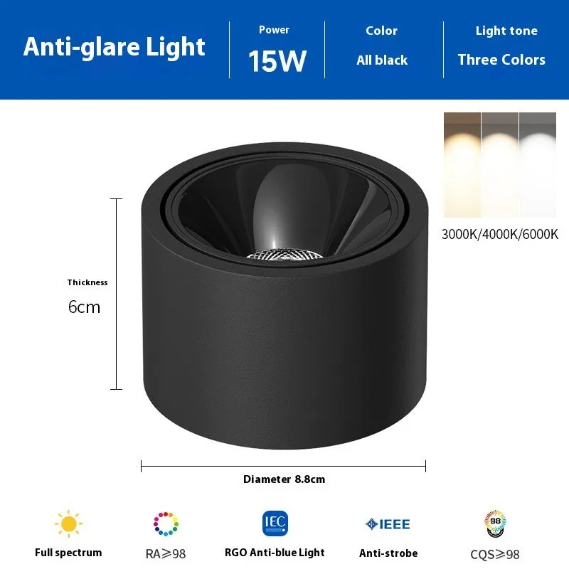 Ultra-thin surface mounted adjustable angle ceiling light aluminium 12W 15W black white finish