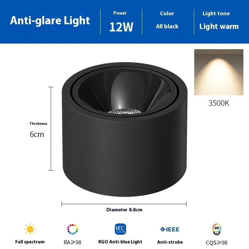 Ultra-thin surface mounted adjustable angle ceiling light aluminium 12W 15W black white finish