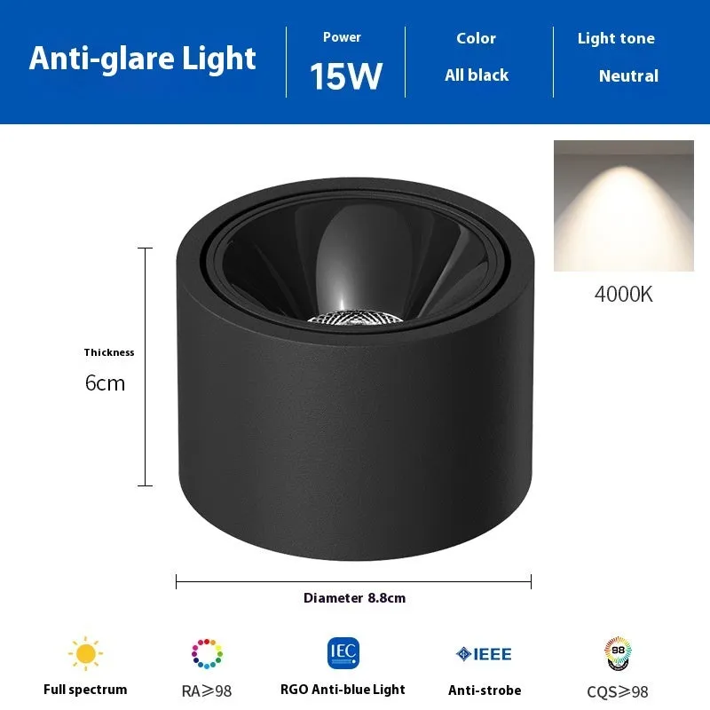 Ultra-thin surface mounted adjustable angle ceiling light aluminium 12W 15W black white finish