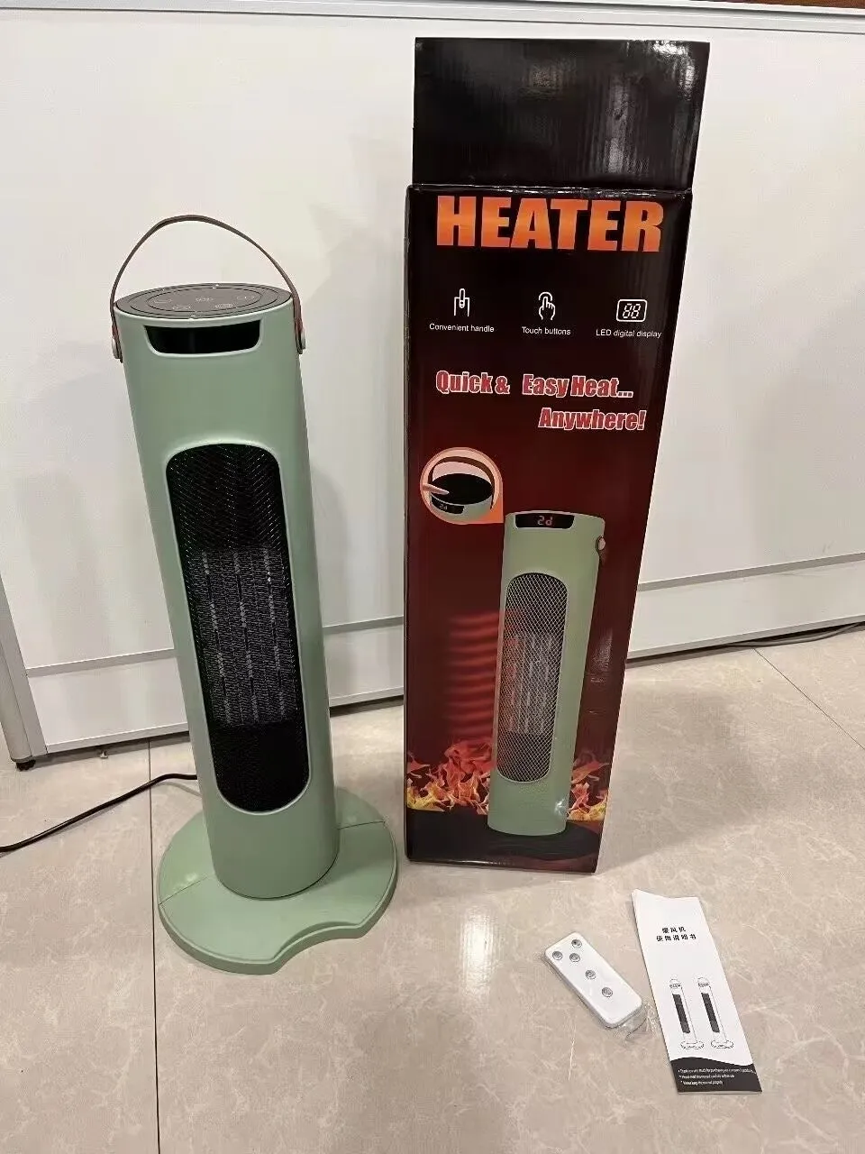 Vertical white PTC fan heater with remote control, 2000W, digital display on front panel
