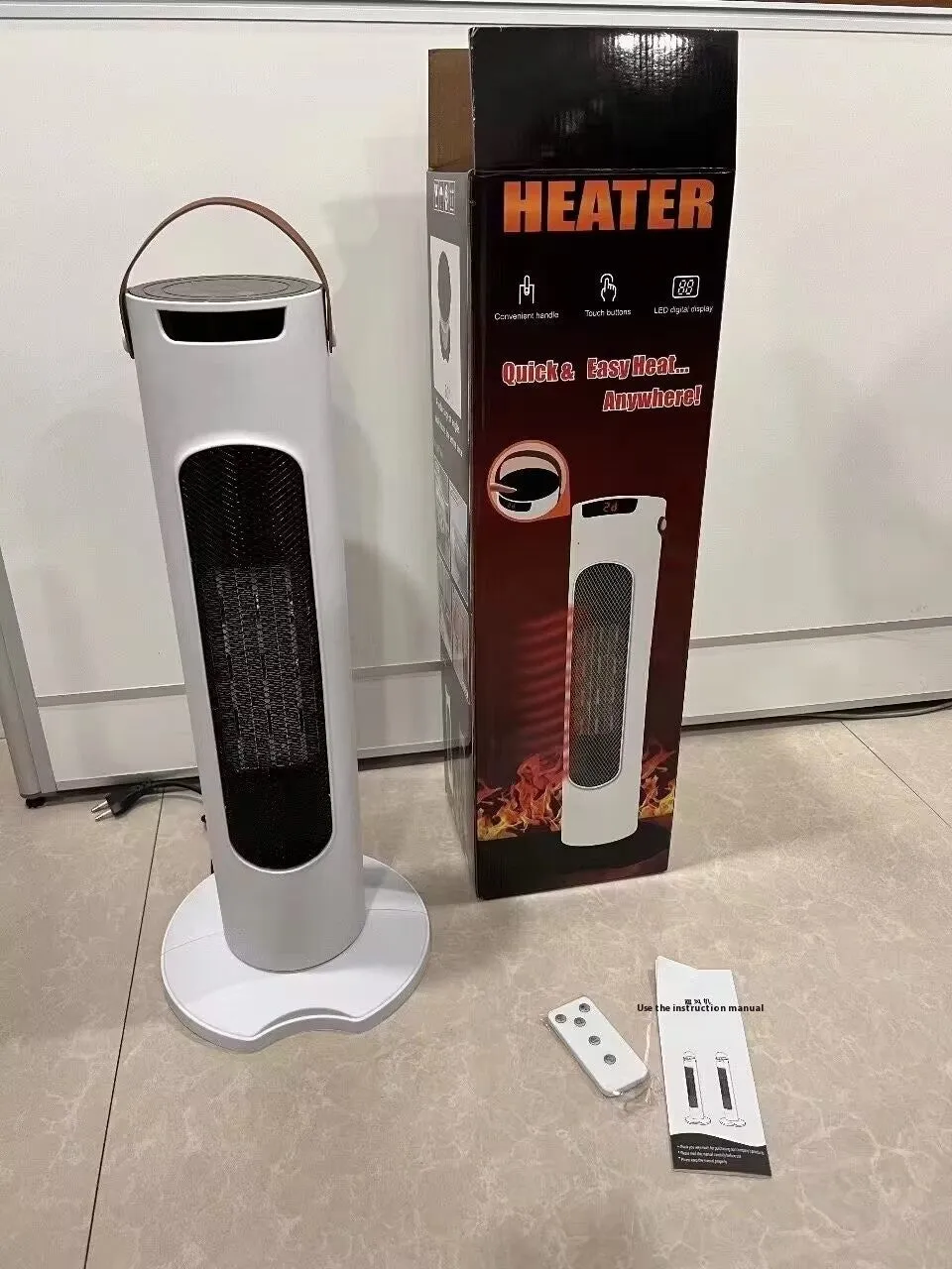 Vertical white PTC fan heater with remote control, 2000W, digital display on front panel