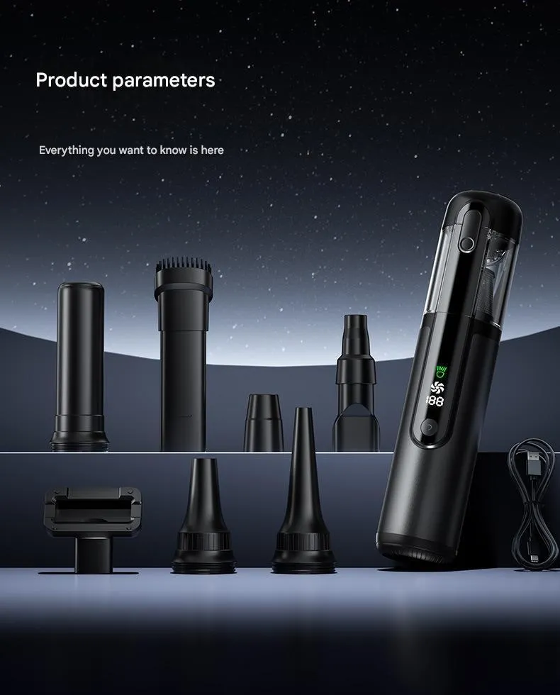 Black handheld car vacuum cleaner with green light dust detection on a car seat