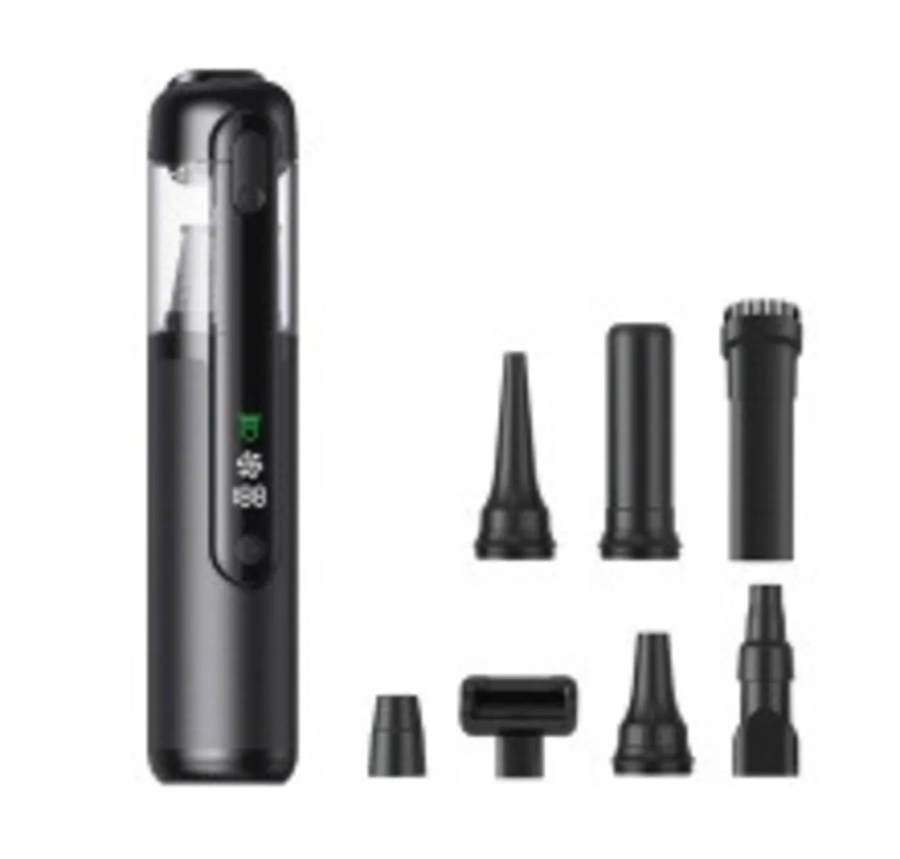 Black handheld car vacuum cleaner with green light dust detection on a car seat