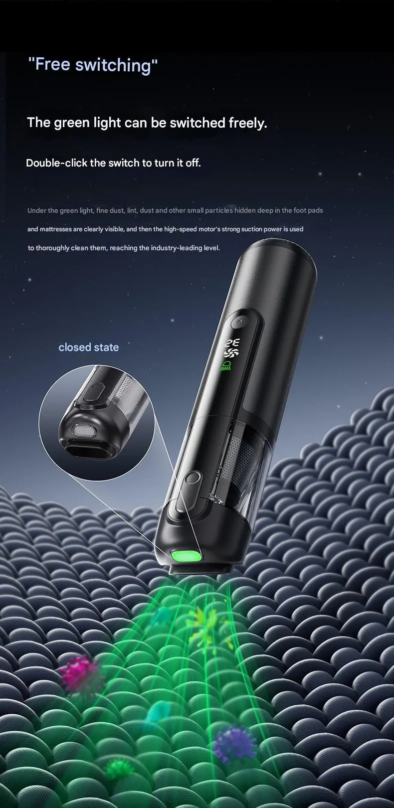 Black handheld car vacuum cleaner with green light dust detection on a car seat