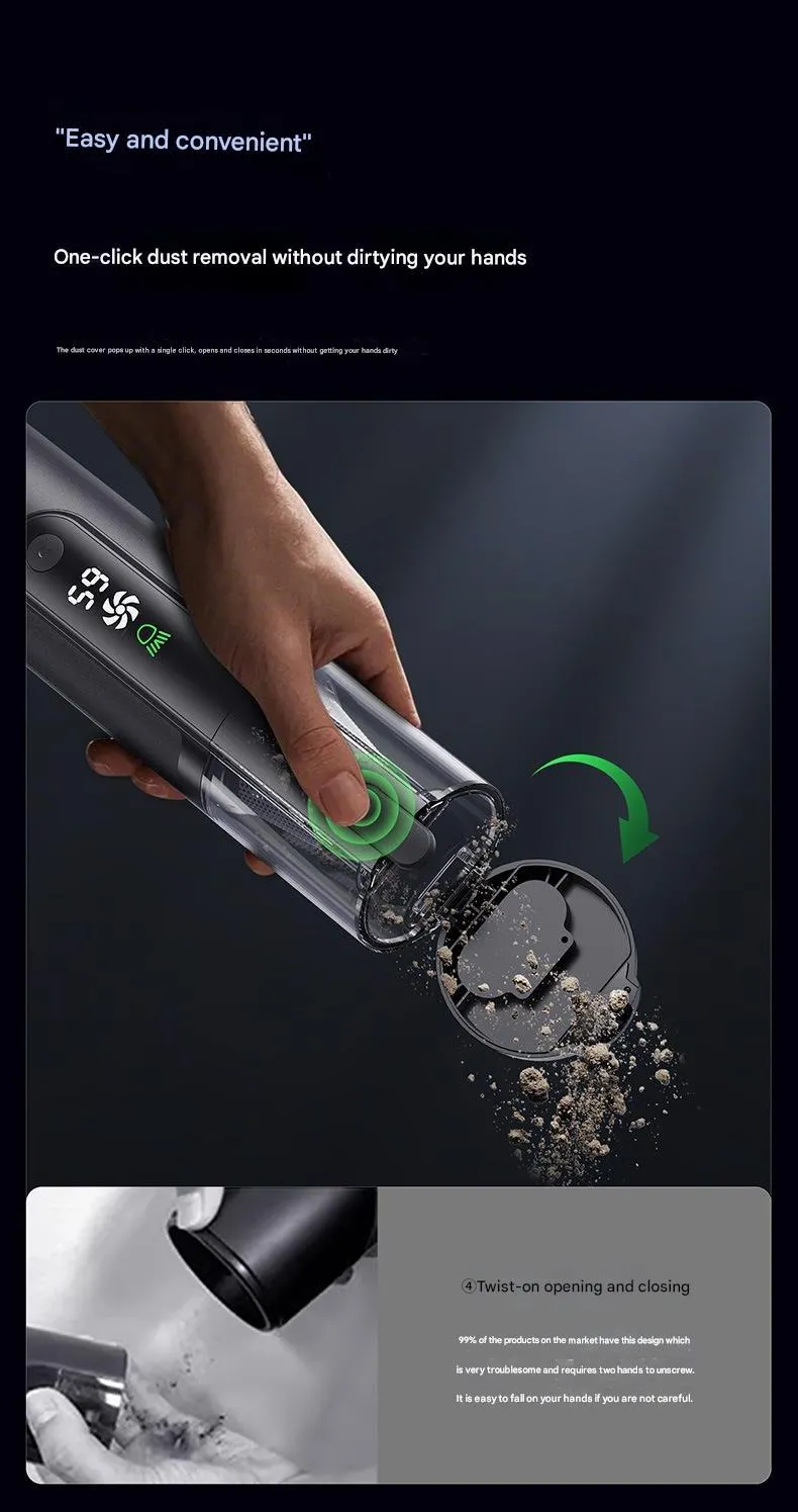 Black handheld car vacuum cleaner with green light dust detection on a car seat