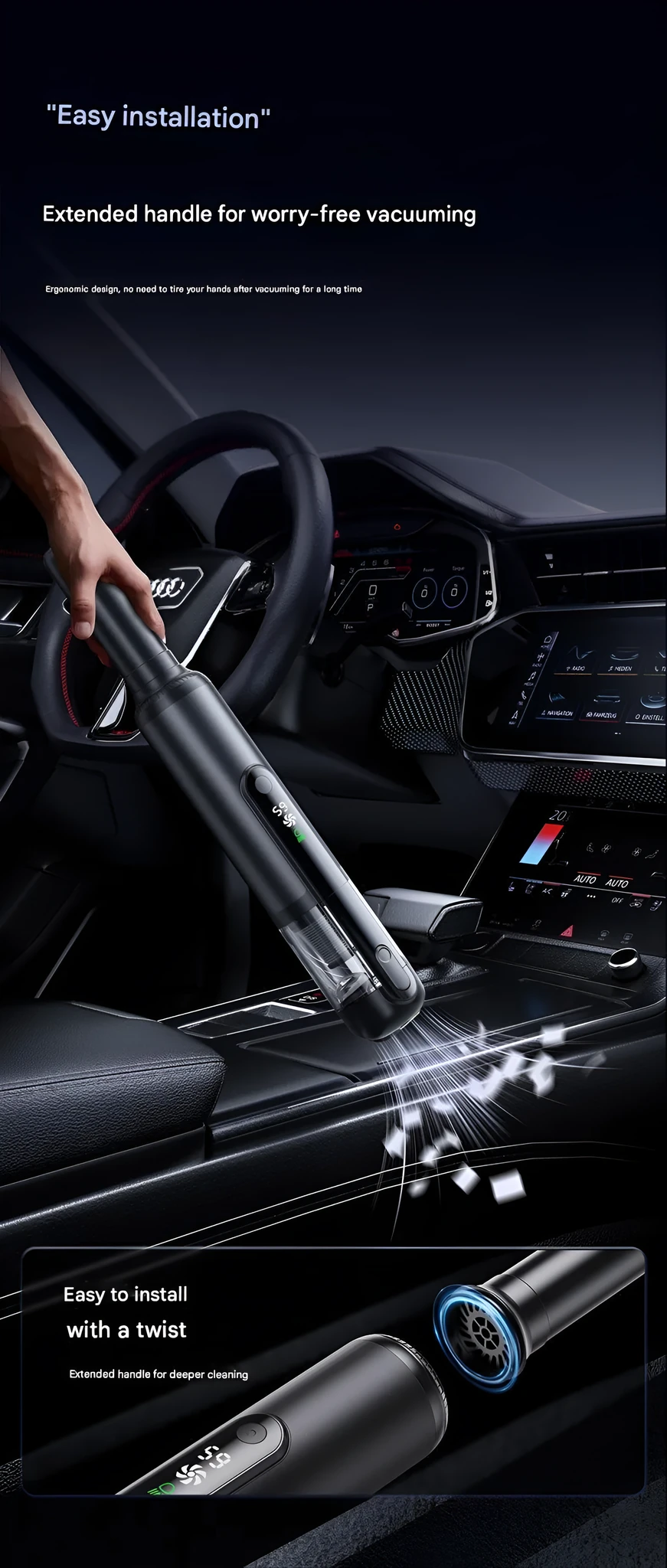 Black handheld car vacuum cleaner with green light dust detection on a car seat