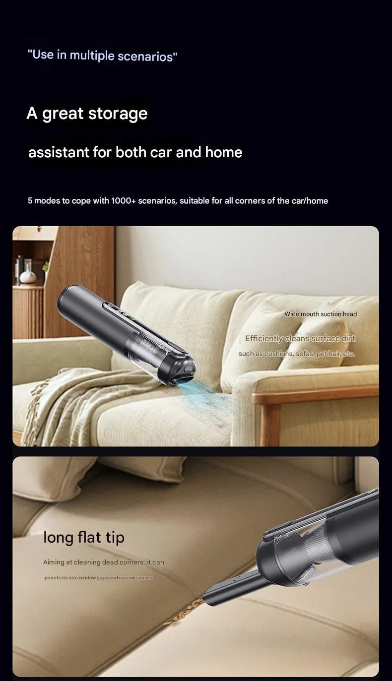 Black handheld car vacuum cleaner with green light dust detection on a car seat