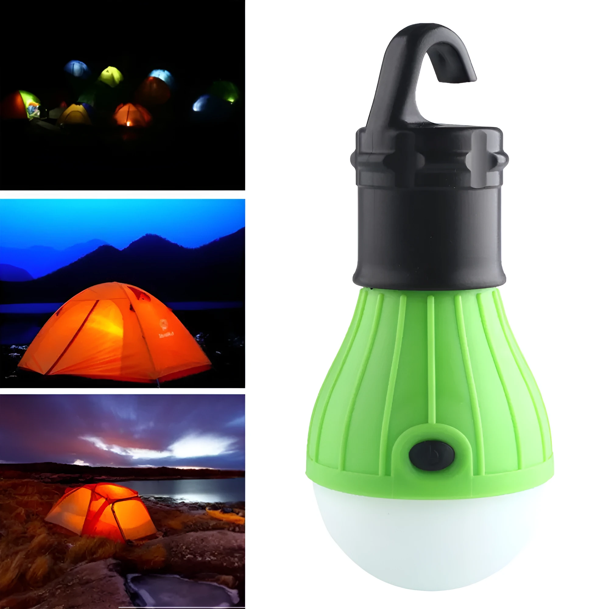 Portable LED camping light with hanging hook in red, yellow, blue, or green