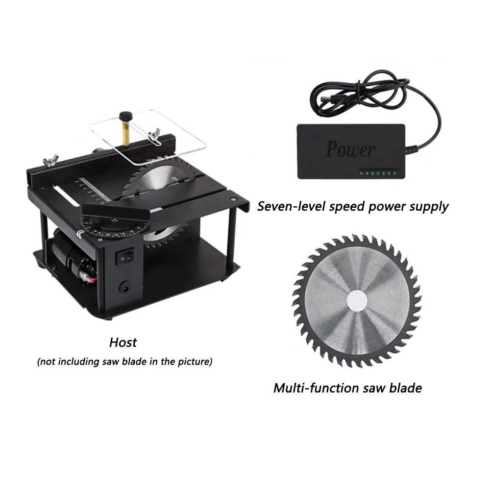 Black miniature precision table saw with 110mm blade on sliding table