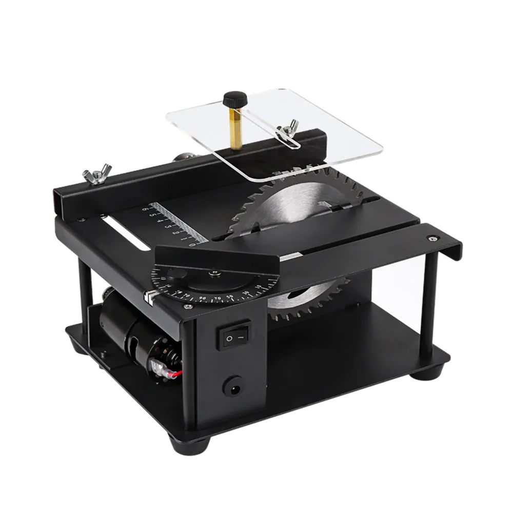 Black miniature precision table saw with 110mm blade on sliding table
