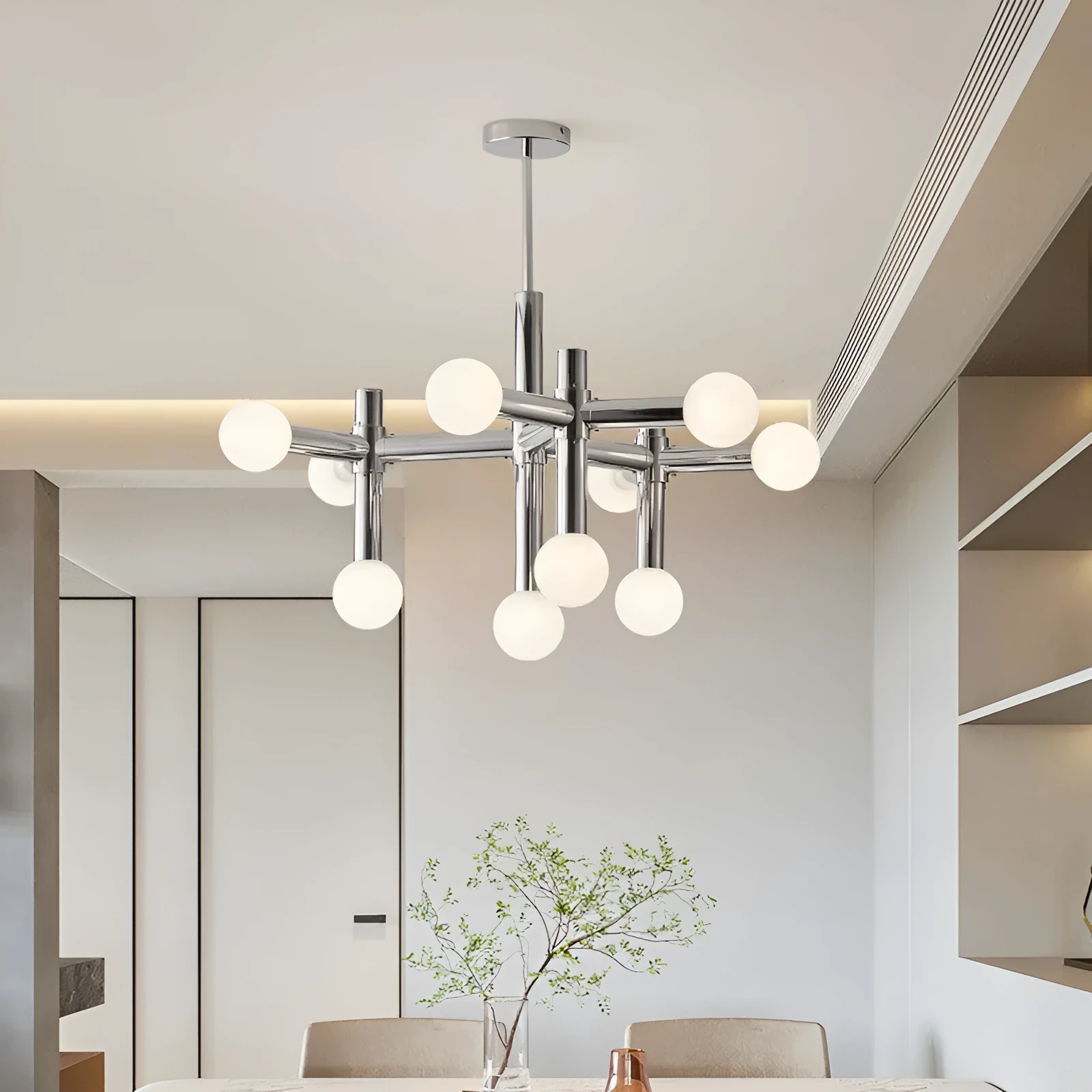 Nordic style chandelier with chrome finish, wrought iron frame, glass and aluminium details, 10 or 13 heads for restaurant or living room
