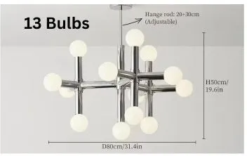 Nordic style chandelier with chrome finish, wrought iron frame, glass and aluminium details, 10 or 13 heads for restaurant or living room