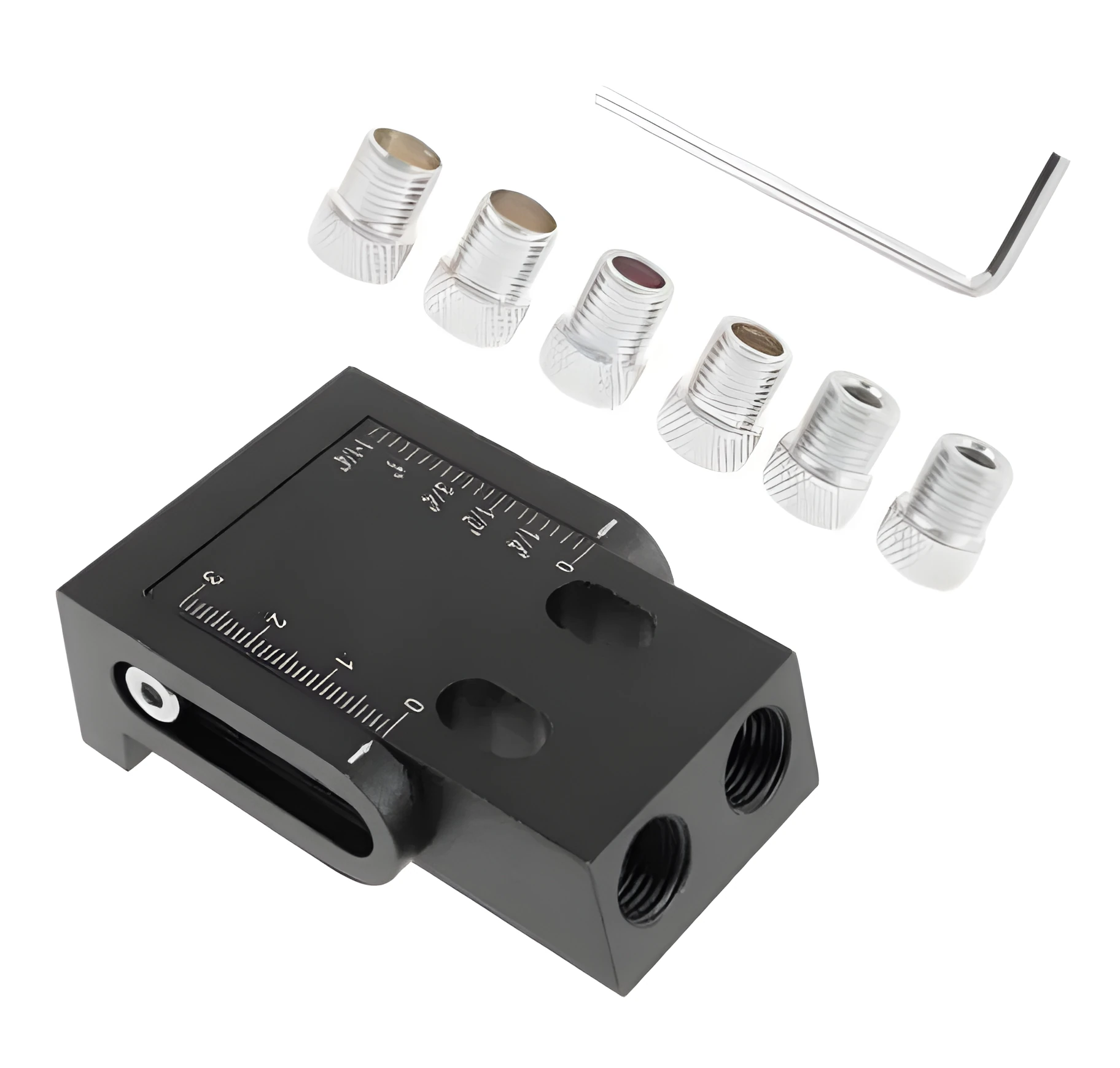 Black aluminium woodworking perforation locator tool with drill bits for board connection.