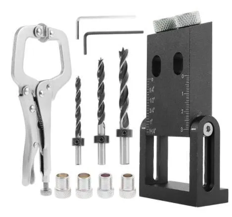 Black aluminium woodworking perforation locator tool with drill bits for board connection.