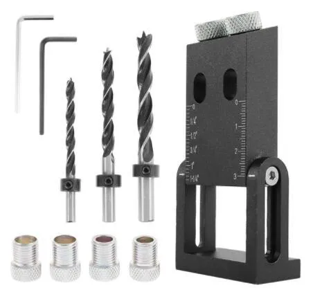 Black aluminium woodworking perforation locator tool with drill bits for board connection.