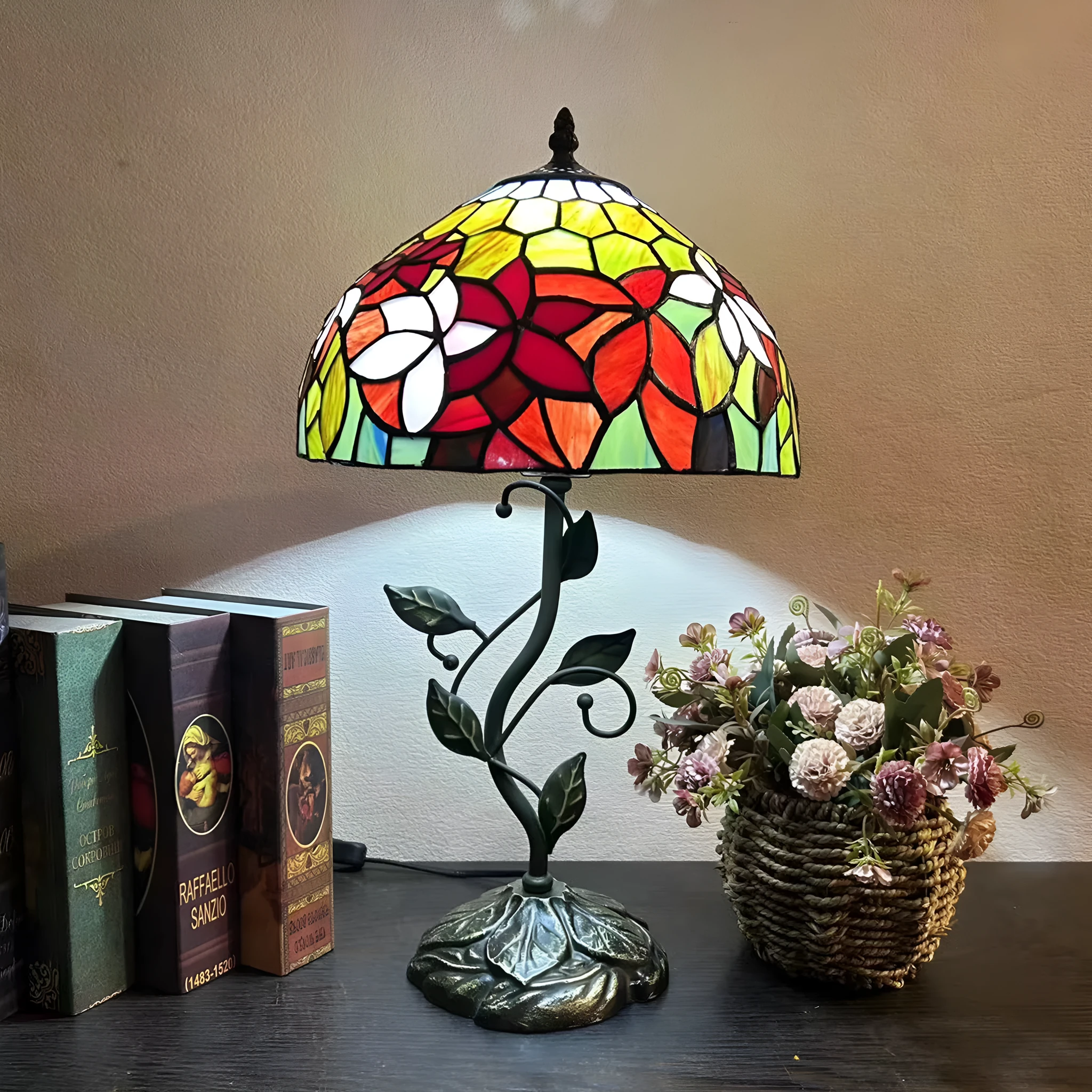 American Pastoral Tiffany 12-inch table lamp with coloured glass shade and resin base, 30 cm wide