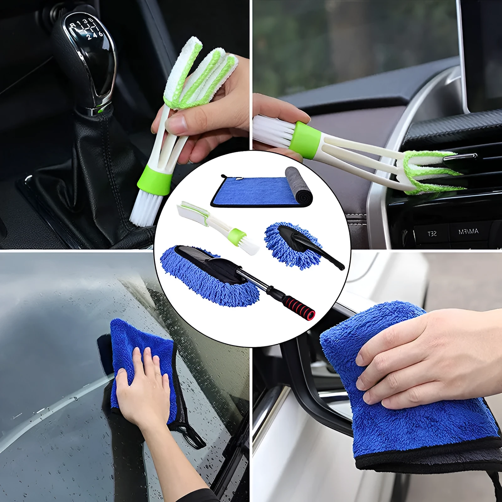 Car dust collector with retractable handle and 5-piece microfiber dusting brush set for car and home cleaning