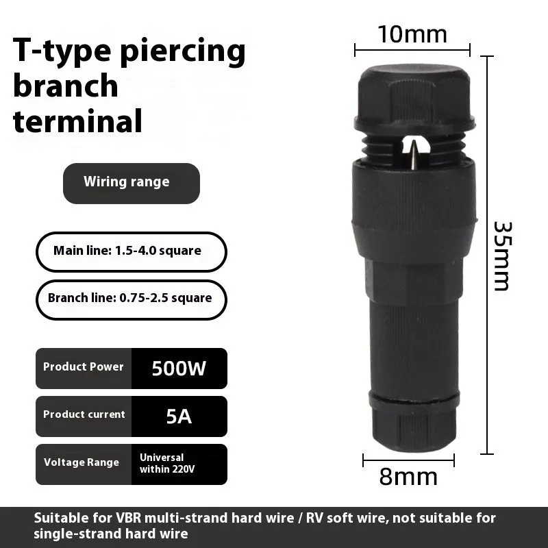 Straight-through pierce type thimble wiring terminal in black plastic for 5A quick connection