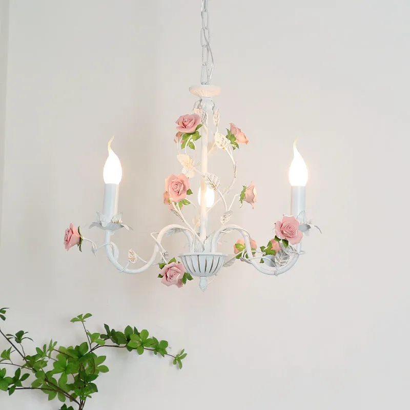 Pastoral bedroom chandelier with wrought iron flowers and plants in French retro princess style