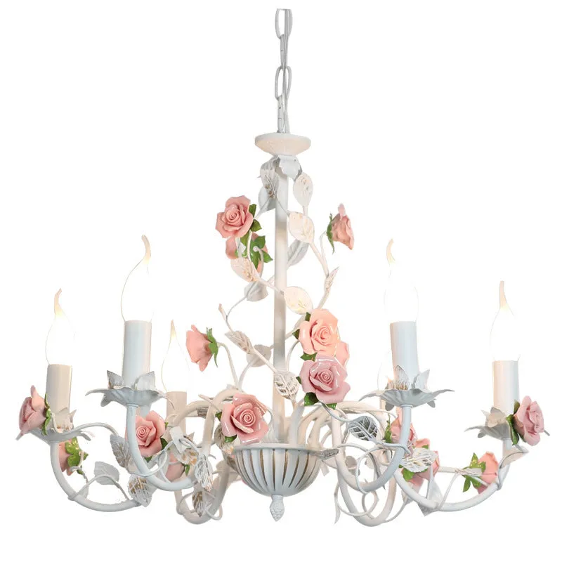 Pastoral bedroom chandelier with wrought iron flowers and plants in French retro princess style