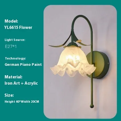 Nordic style wall lamp with orchid bell flower pattern in green colour for bedside decoration