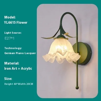 Nordic style wall lamp with orchid bell flower pattern in green colour for bedside decoration