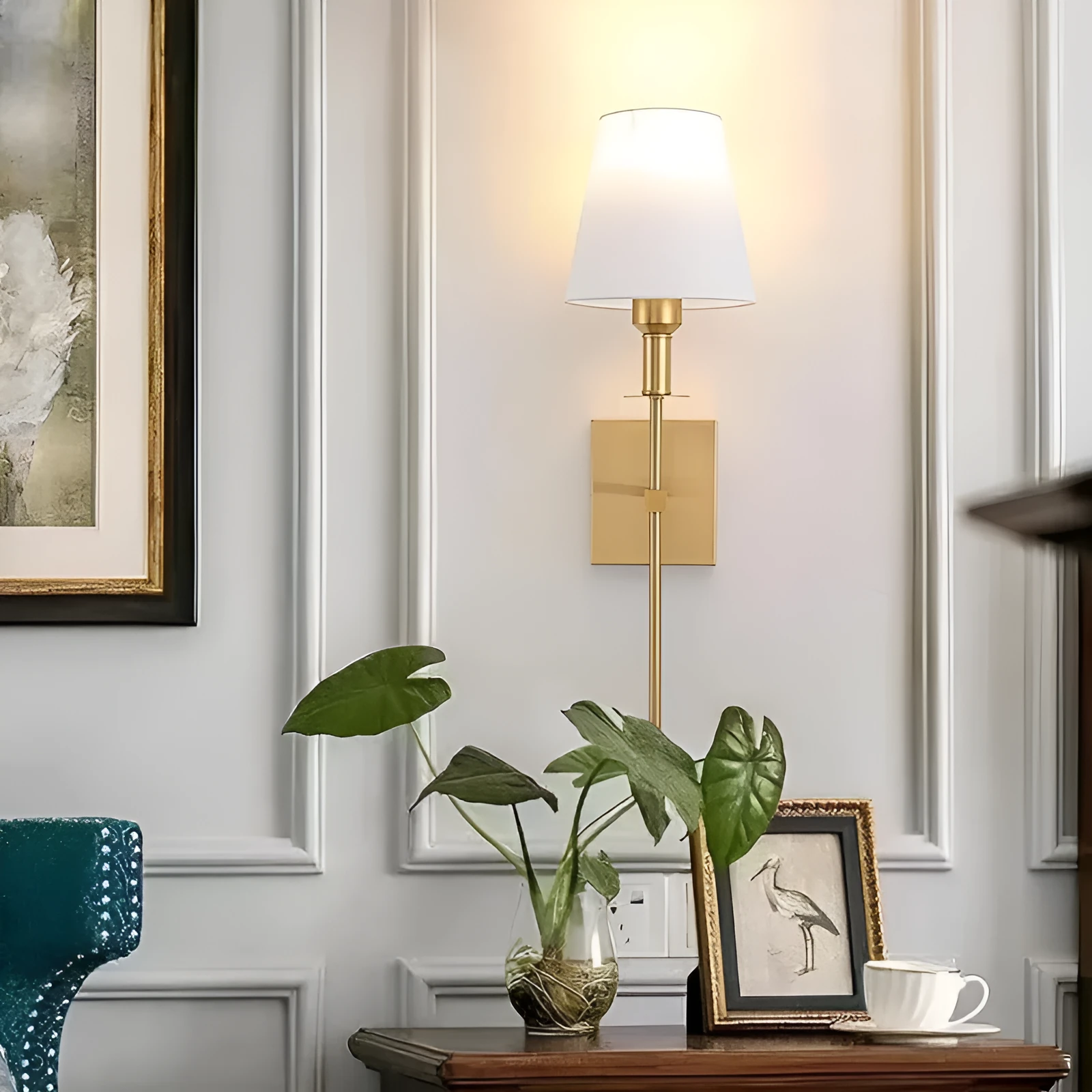 Indoor wall lamp with fabric shade in black finish for bedside or aisle lighting