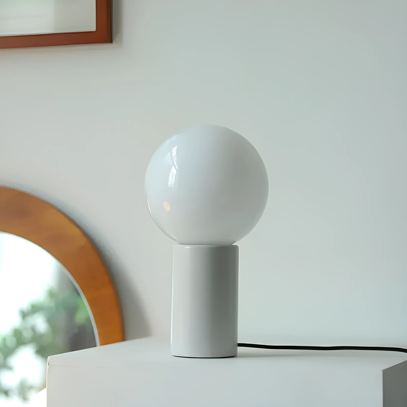 Retro bamboo and glass cylinder table lamp with button switch and USB port on bedside table