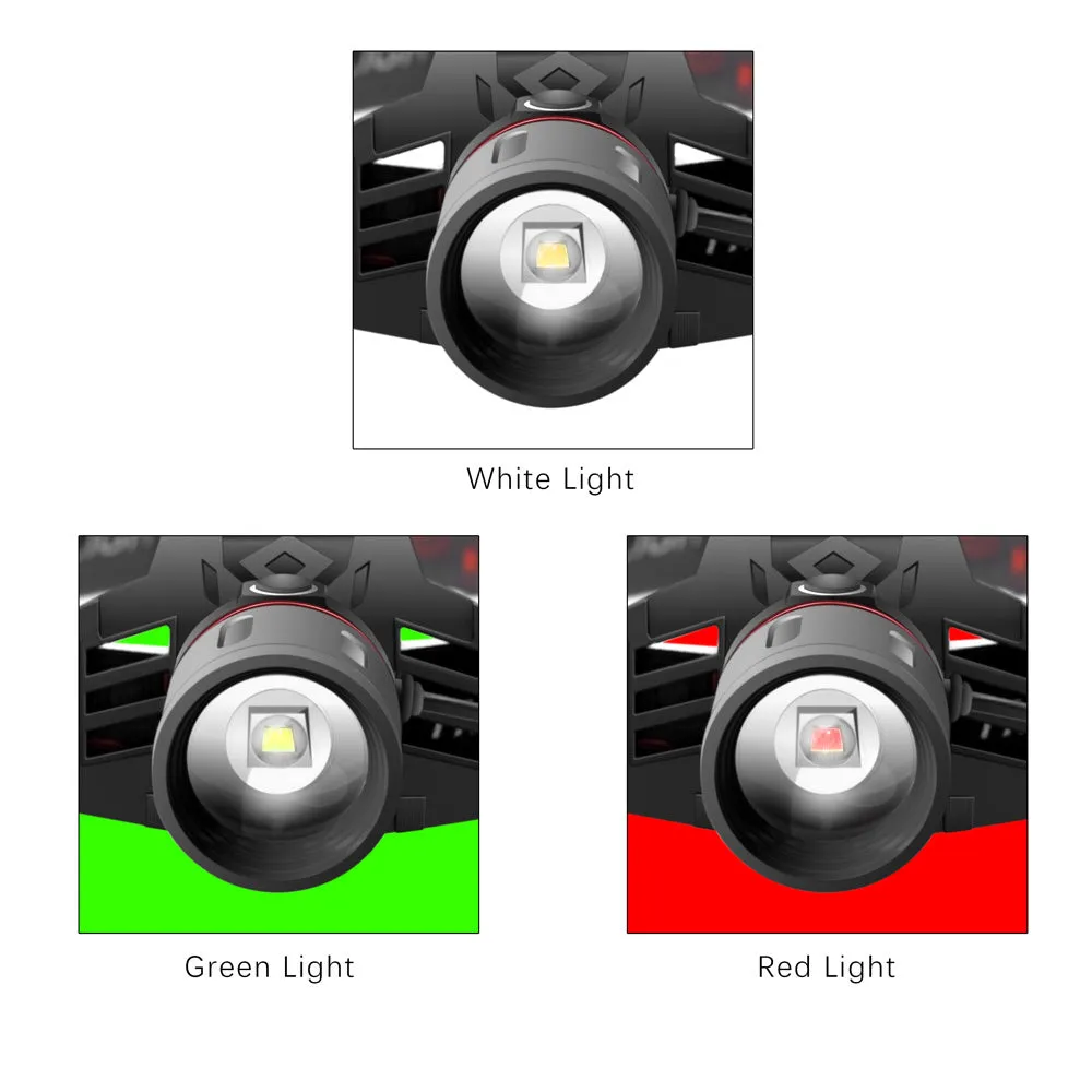 T6 LED zoom headlamp showing white, red, and green light modes on an adjustable headband.