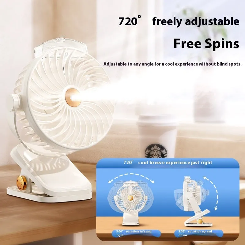 White portable USB rechargeable clip fan with spray mist, brushless motor, and 5 speed modes on a desk