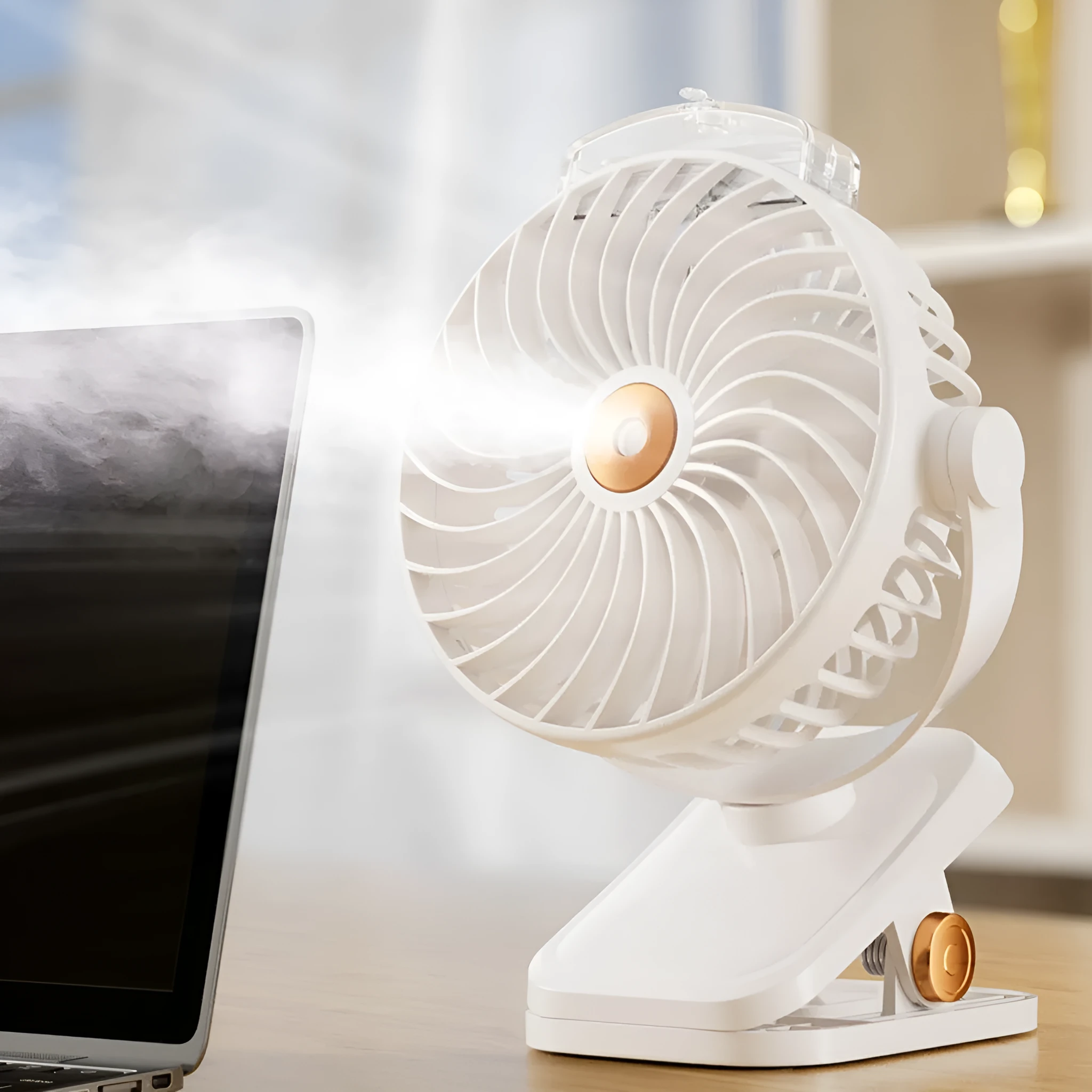White portable USB rechargeable clip fan with spray mist, brushless motor, and 5 speed modes on a desk