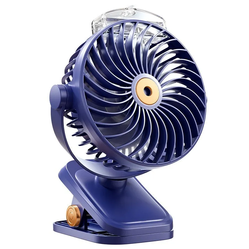 White portable USB rechargeable clip fan with spray mist, brushless motor, and 5 speed modes on a desk
