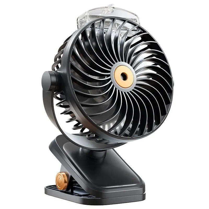 White portable USB rechargeable clip fan with spray mist, brushless motor, and 5 speed modes on a desk