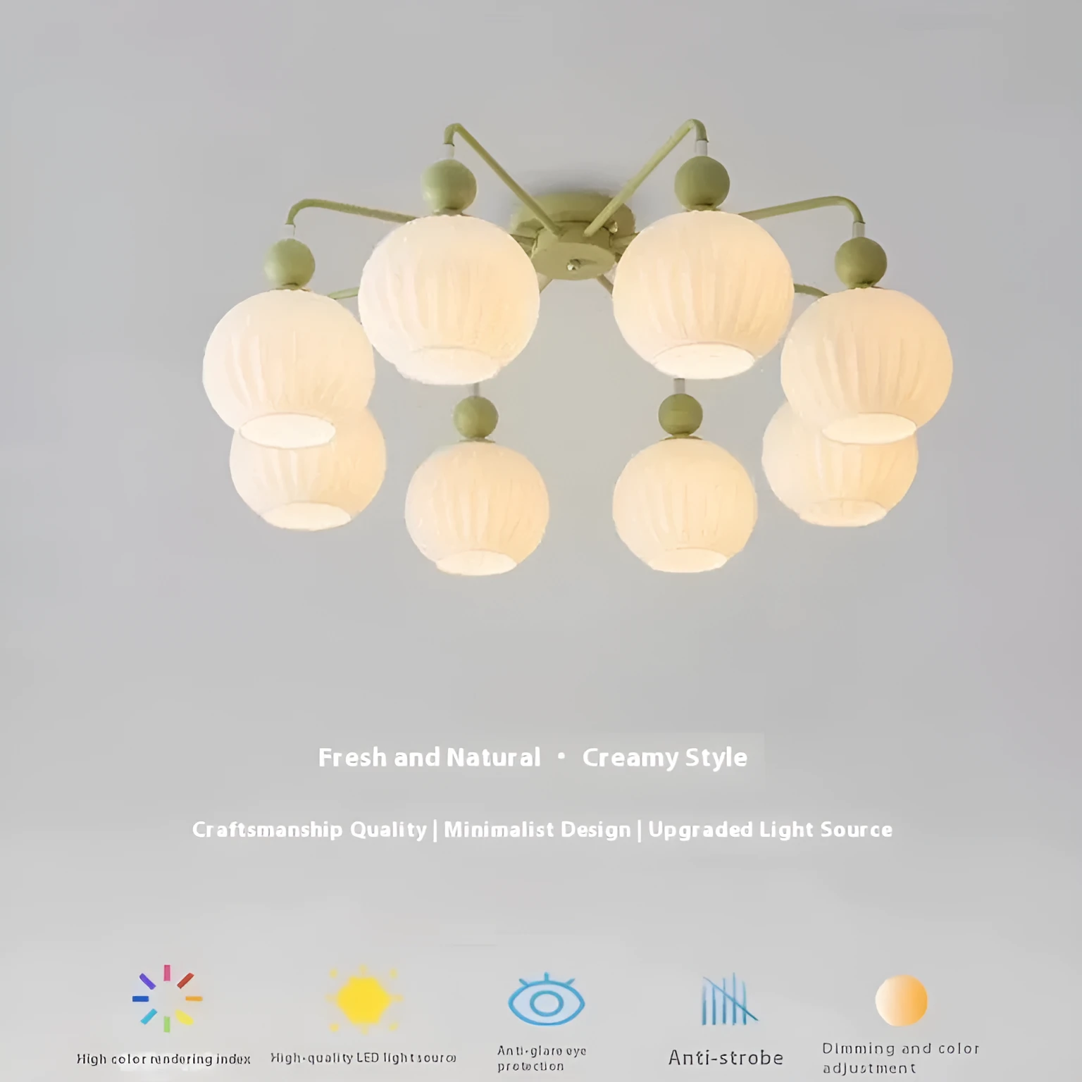 Ceiling lamp with three-color dimming light green 4 heads 65cm simple modern