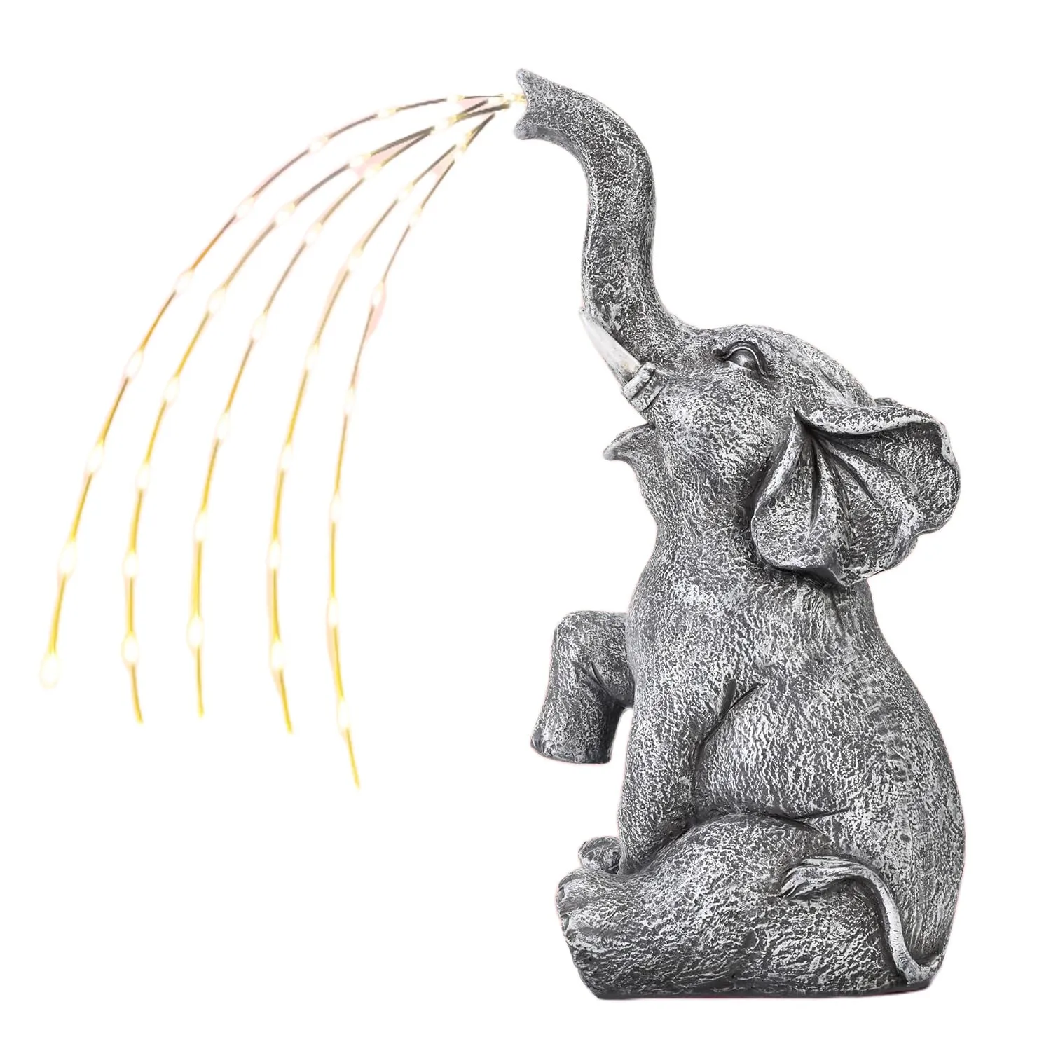 Outdoor resin elephant garden statue with integrated light strip on grass.
