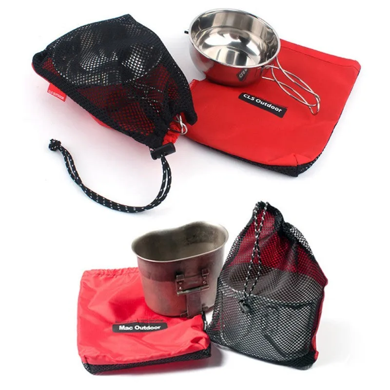 Set of five red Oxford cloth travel storage bags with zippers and mesh panels