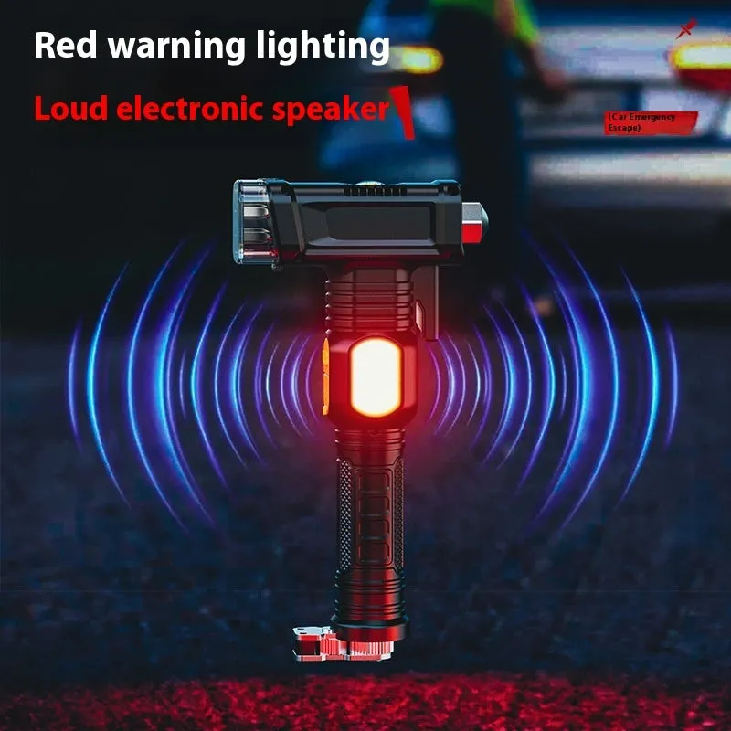 Multi-function automobile safety hammer flashlight with red warning light and black ABS housing