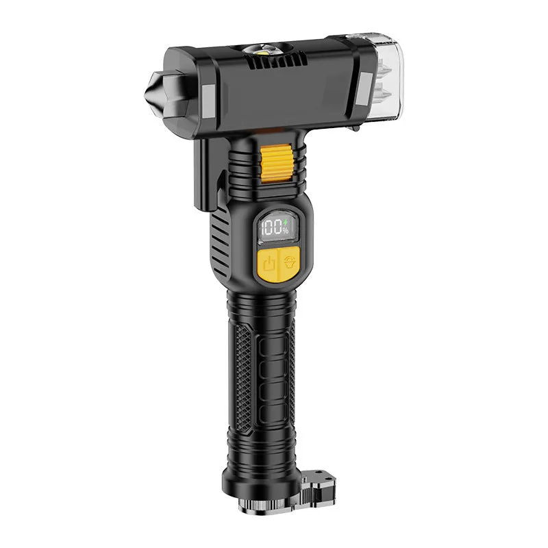 Multi-function automobile safety hammer flashlight with red warning light and black ABS housing