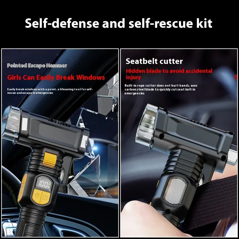Multi-function automobile safety hammer flashlight with red warning light and black ABS housing