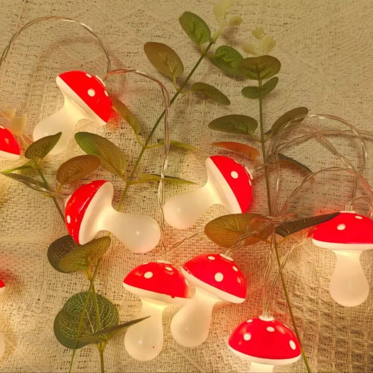 LED mushroom lighting chain with 10 warm glow lights on a tabletop indoor holiday decoration