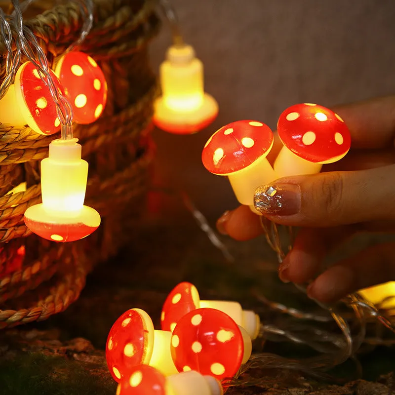 LED mushroom lighting chain with 10 warm glow lights on a tabletop indoor holiday decoration