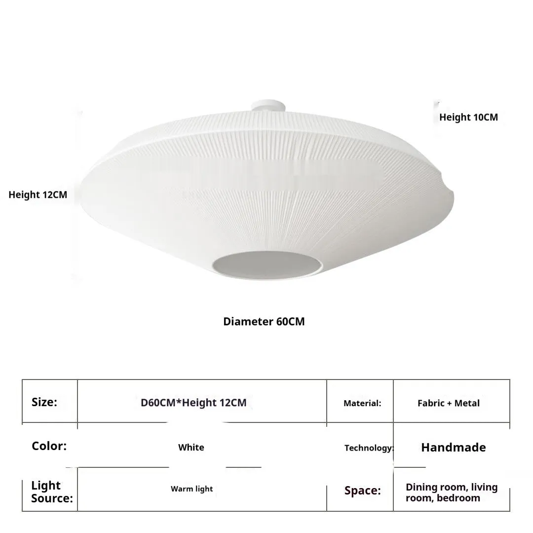 White fabric ceiling lamp with alloy frame, 60 cm diameter, warm light, minimalist design for corridor